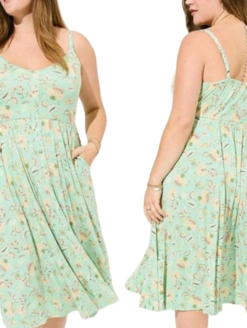 Torrid NWT Midi Super Soft Button-Front Skater Dress Size 2X Green Floral Pocket - Picture 2 of 12